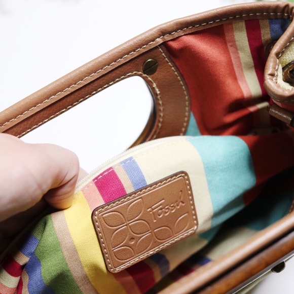 Vintage Fossil boho cream & wood canvas handbag - Picture 5 of 6